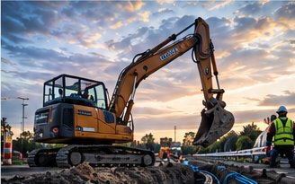 Excavator digging a trench for telecoms duct installation at dusk